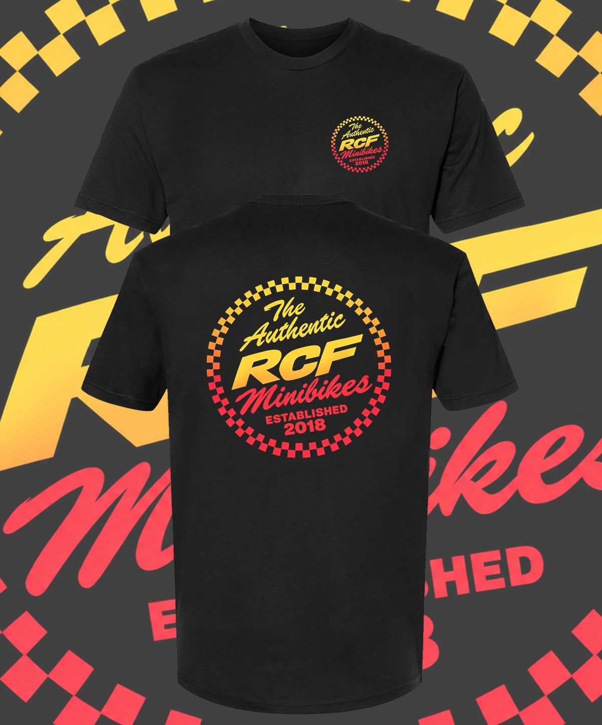 The Authentic RCF Minibikes Established 2018 black t-shirt with yellow-to-red checkered circle logo, front chest and large back print