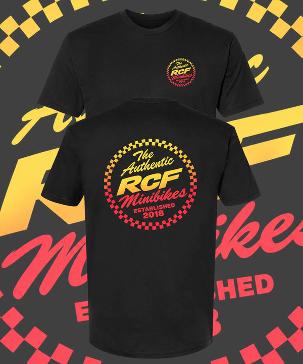 The Authentic RCF Minibikes Established 2018 black t-shirt with yellow-to-red checkered circle logo, front chest and large back print