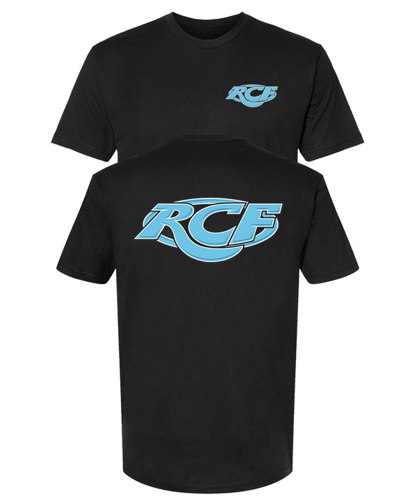 Black RCF t-shirt with the light blue RCF oval logo large on the back and small on the chest