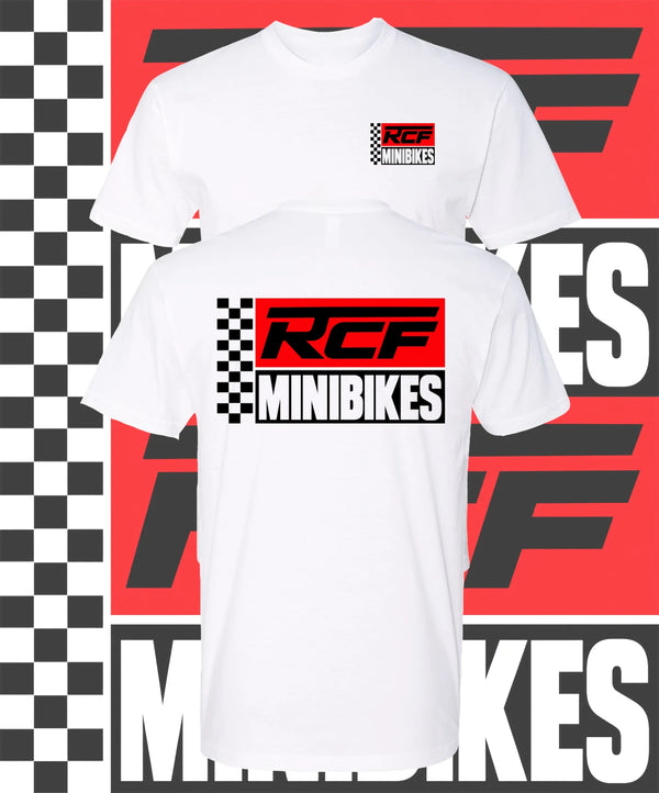 White RCF Minibikes t-shirt with red RCF logo and checkered flag stripe, front chest print and large back print