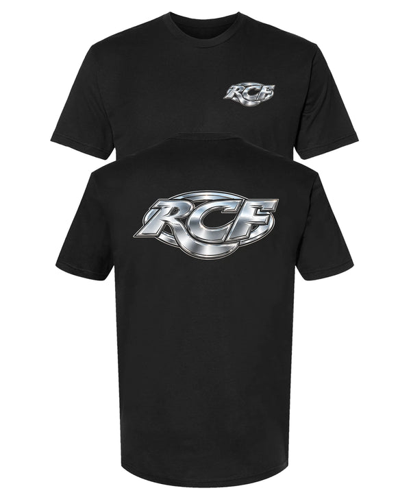 Black RCF t-shirt with a chrome-look RCF oval logo on the back and a small chrome RCF logo on the chest