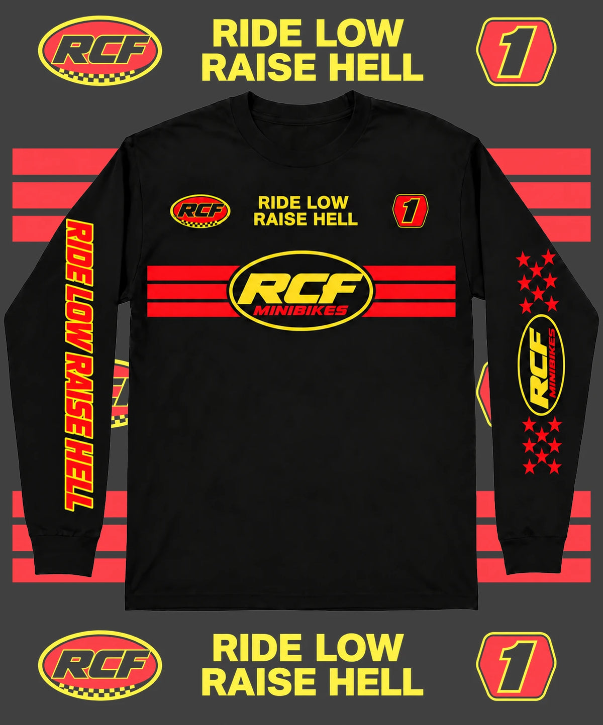 RCF Minibikes Factory black long sleeve jersey with red racing stripes, RCF oval logo, Ride Low Raise Hell chest print, number 1 plate and sleeve prints