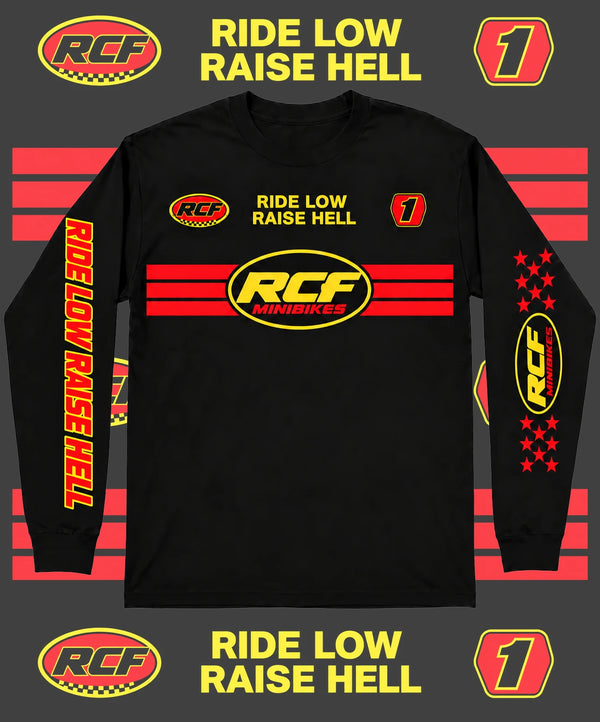 RCF Minibikes Factory black long sleeve jersey with red racing stripes, RCF oval logo, Ride Low Raise Hell chest print, number 1 plate and sleeve prints
