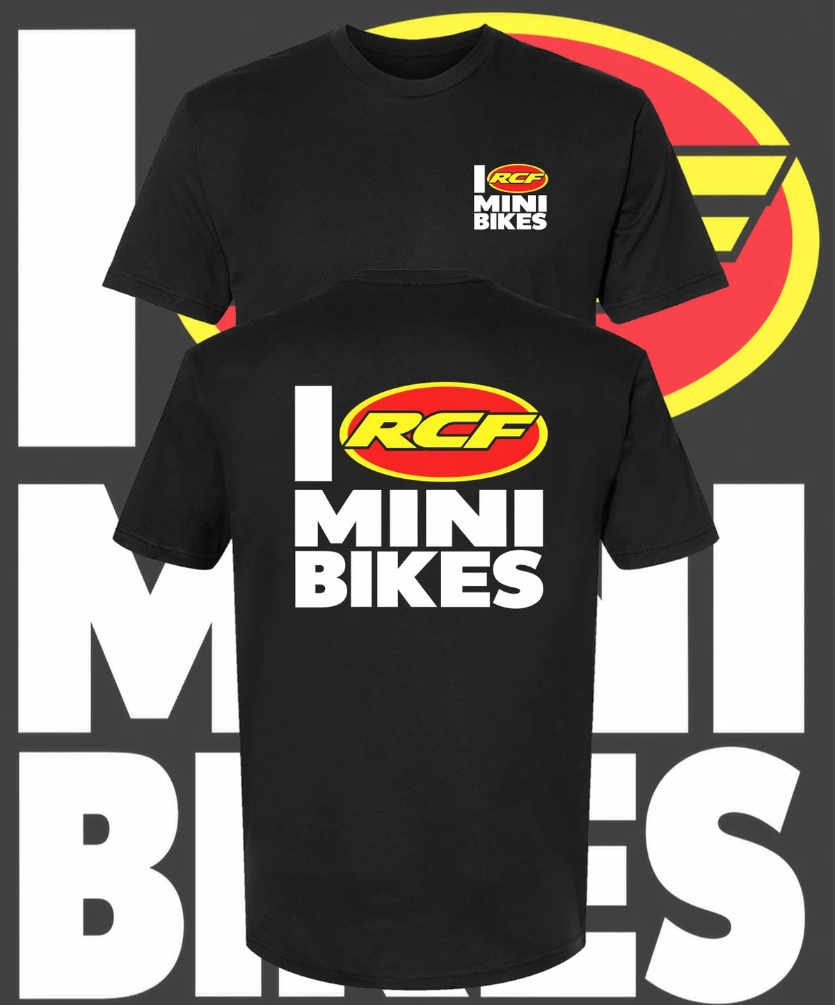 I Love RCF Mini Bikes black t-shirt, small chest logo on the front and large I Love RCF Mini Bikes print on the back