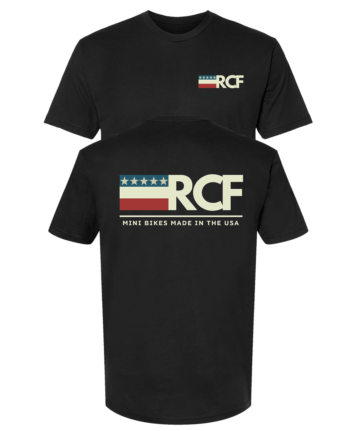 Black RCF t-shirt with a vintage American flag RCF logo and the words Mini Bikes Made in the USA on the back, and a small flag RCF logo on the chest