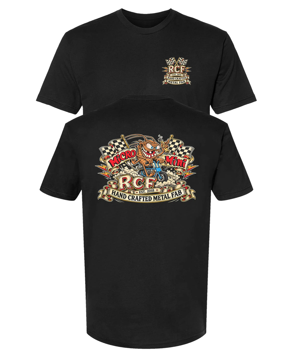 RCF Micro Mini black t-shirt: RCF Hand Crafted Metal Fab chest logo and back print of a cartoon rider on a blue mini bike with checkered flags, Est. 2018