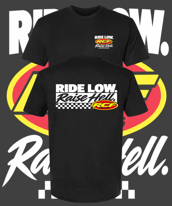 Ride Low. Raise Hell. black t-shirt with RCF Mini Bikes logo and checkered flag, front chest print and large back print