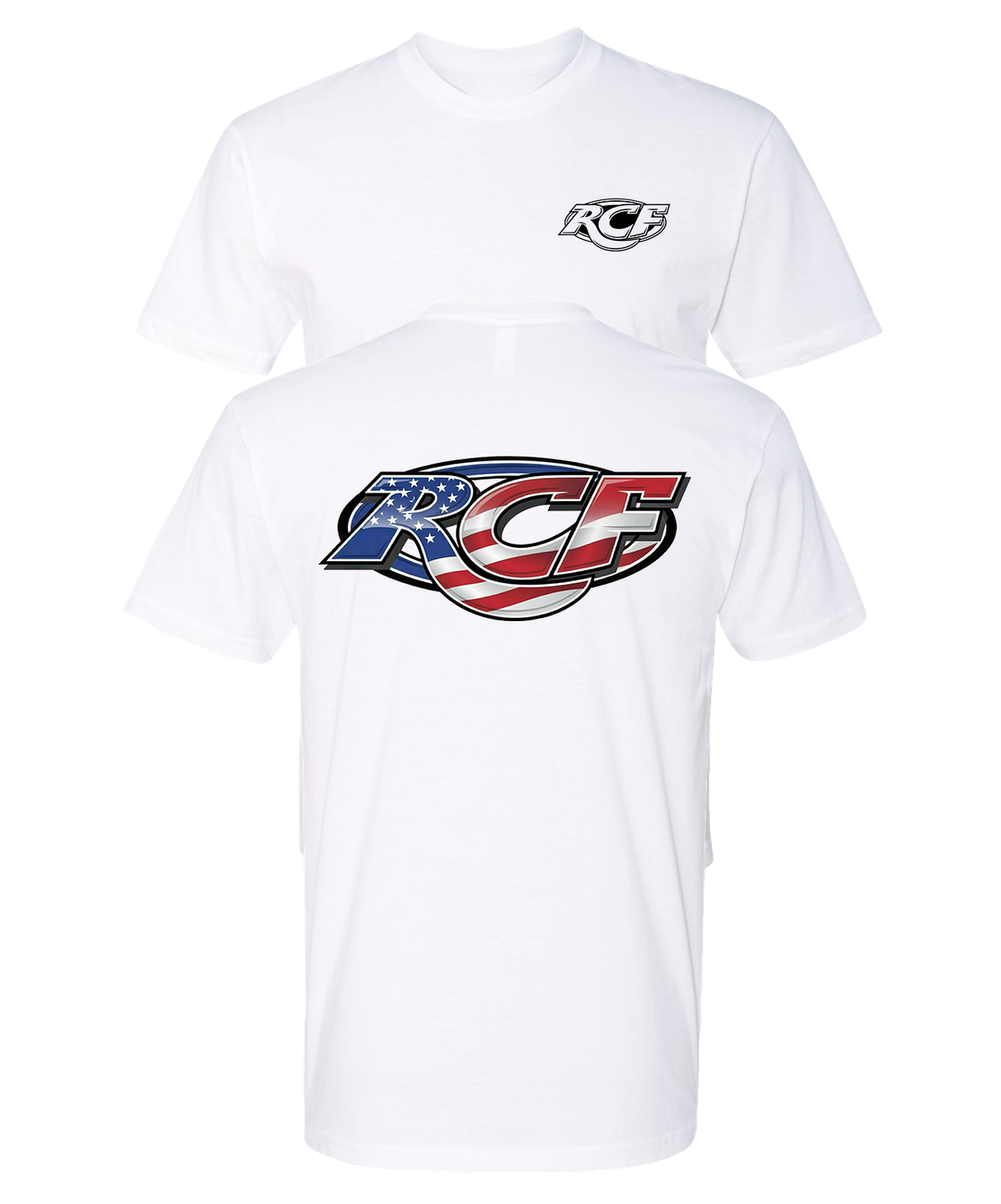 White RCF t-shirt with an American flag RCF oval logo on the back and a small black and white RCF logo on the chest