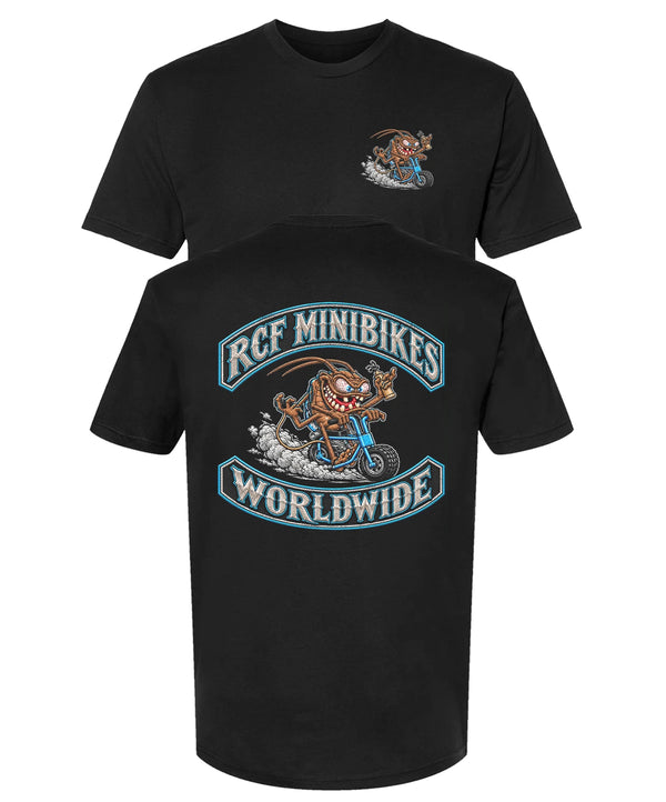 Black RCF Minibikes Worldwide t-shirt: back print of a cartoon rider on a blue mini bike between RCF Minibikes and Worldwide rocker banners, small rider on the chest
